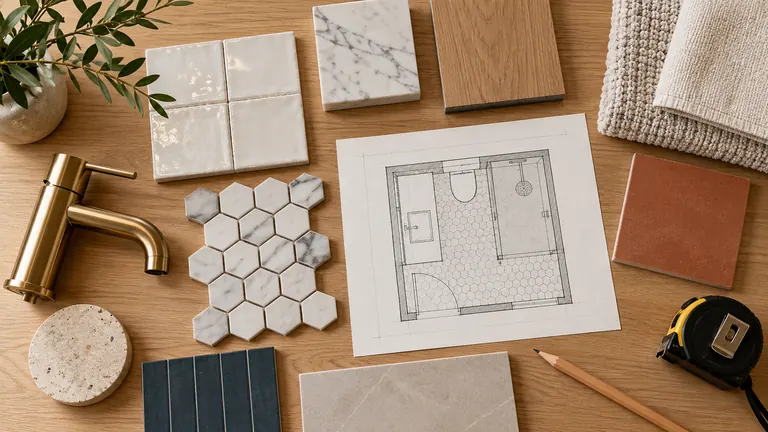 Tile, fixture and finish samples next to a bathroom floor plan and tape measure