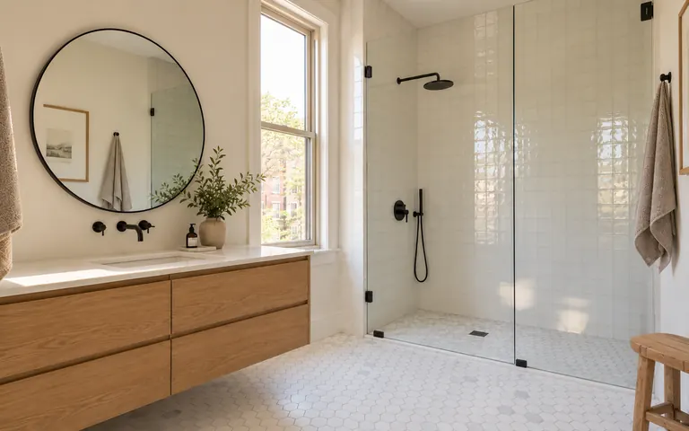 Remodeled bathroom with a glass walk-in shower, white tile and a floating wood vanity