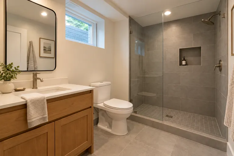 Basement bathroom with a glass shower, vanity and a high window