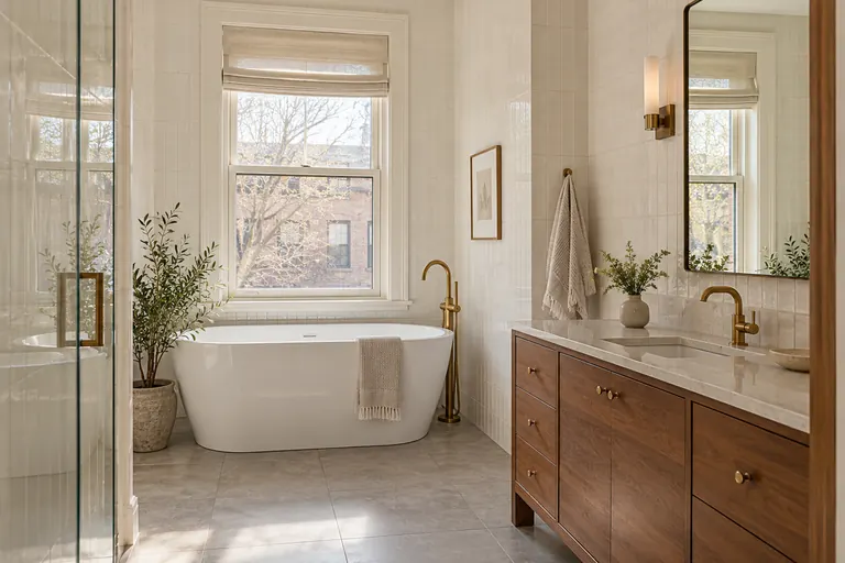 Remodeled bathroom with a freestanding tub, glass shower and wood double vanity