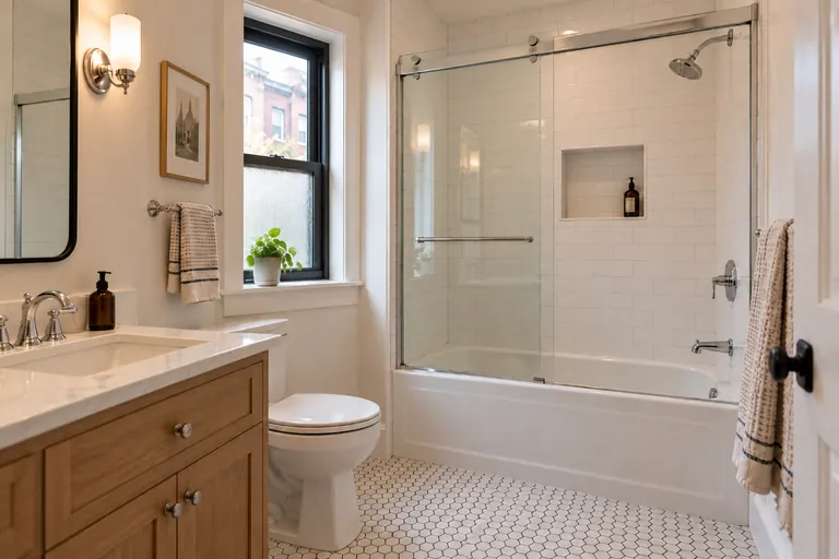 New alcove bathtub with sliding glass doors and white subway tile