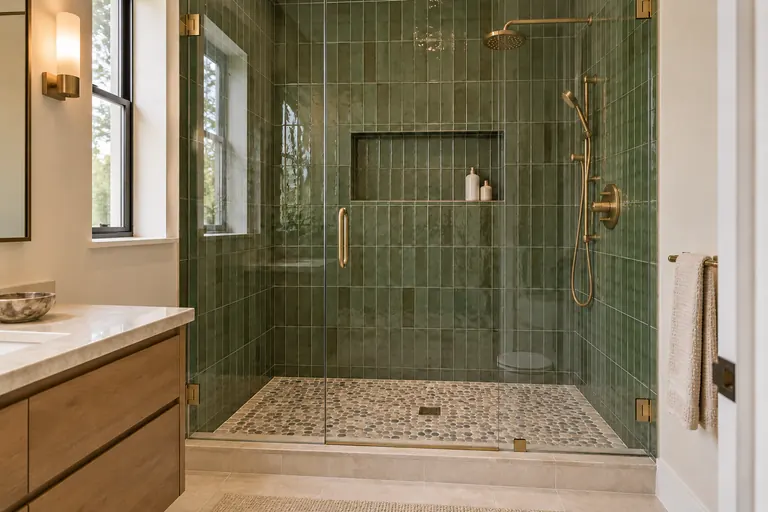 Remodeled shower with green vertical tile, a pebble floor and brass fixtures