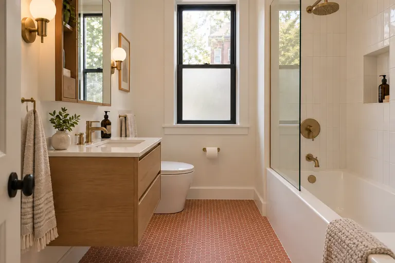 Small bathroom with a floating wood vanity, tub-shower combo and patterned floor tile