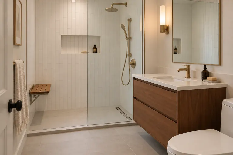 Walk-in shower with a glass panel and fold-down seat where a bathtub used to be