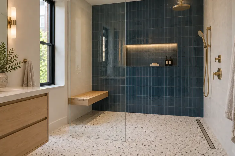 Curbless walk-in shower with blue tile, a linear drain and a built-in bench